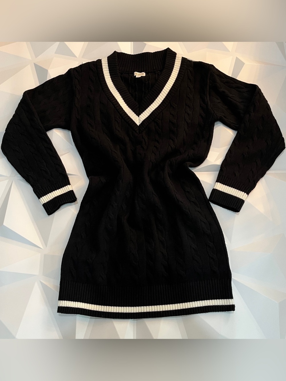 J for Justify Black Mini Cable-Knit V-Neck Dress with White Trim Size:S